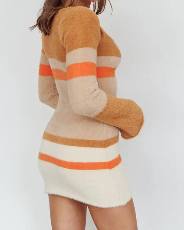 Fuzzy Knit Long Sleeved Multi Stripe Mini Dress