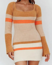 Fuzzy Knit Long Sleeved Multi Stripe Mini Dress