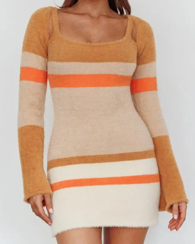 Fuzzy Knit Long Sleeved Multi Stripe Mini Dress