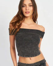 GARMENT DYE STRAPLESS CROP TOP - BLACK / S