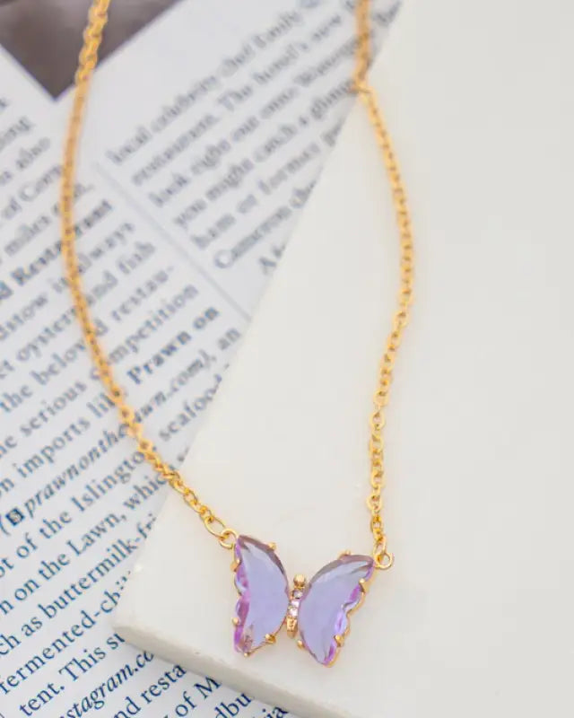 GEM STONE BUTTERFLY PENDANT NECKLACE - Violet / One Size