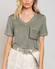 Girly Meets Basic Short Sleeve Top - OLIVE / S