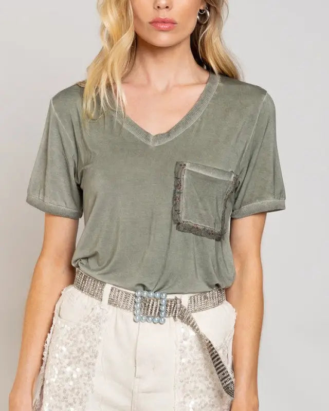 Girly Meets Basic Short Sleeve Top - OLIVE / S