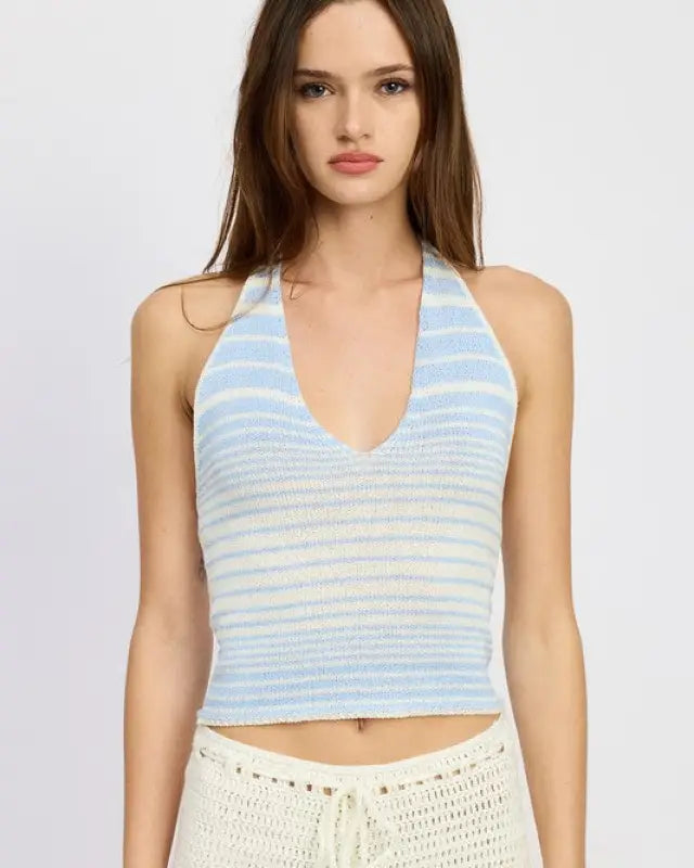 GLITTER YARN HALTEL TOP WITH BACK TIE - BLUE COMBO / S