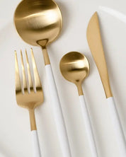 Gold Plated Stainless Steel Cutlery Set - White/Gold / One Size