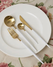 Gold Plated Stainless Steel Cutlery Set - White/Gold / One Size