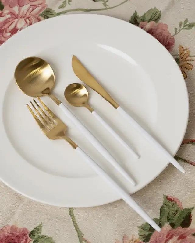 Gold Plated Stainless Steel Cutlery Set - White/Gold / One Size