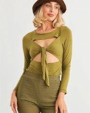 Green Cut-Out Tie Knit Long Sleeve Bodysuit