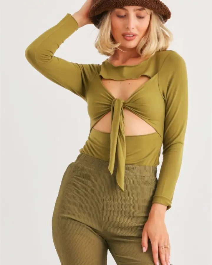 Green Cut-Out Tie Knit Long Sleeve Bodysuit