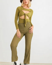 Green Cut-Out Tie Knit Long Sleeve Bodysuit