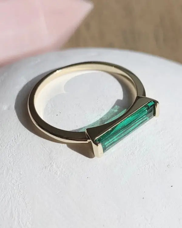 Green Long Crystal Baguette Ring