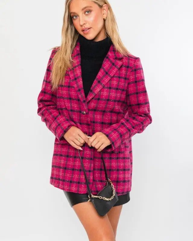 Grid Tartan Single Button Blazer Coat