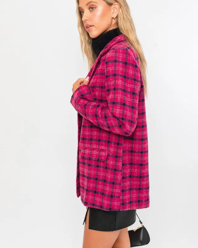 Grid Tartan Single Button Blazer Coat