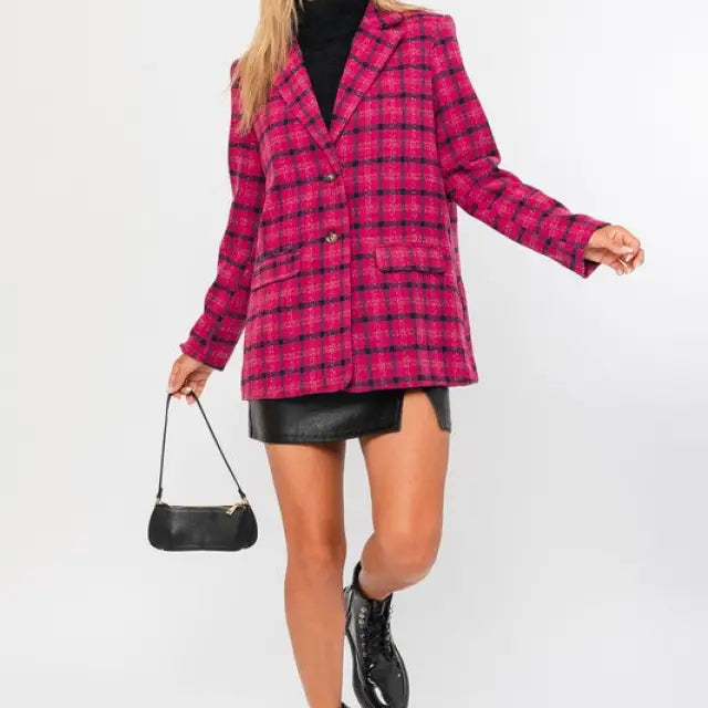 Grid Tartan Single Button Blazer Coat