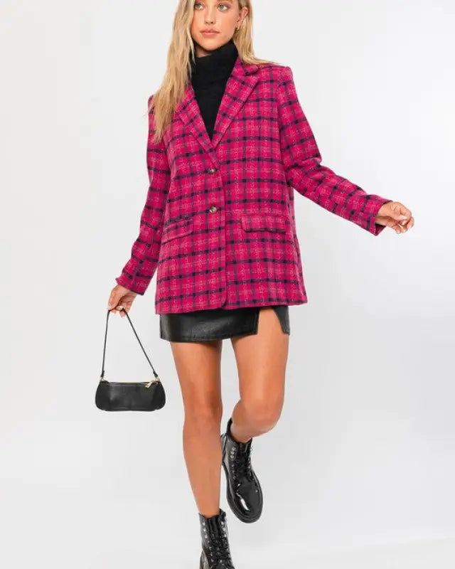 Grid Tartan Single Button Blazer Coat