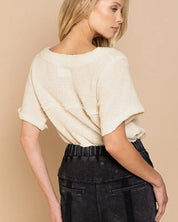 Half Sleeve V-neck Waffle Knit Top - CREAM / L