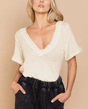 Half Sleeve V-neck Waffle Knit Top - CREAM / L