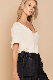 Half Sleeve V-neck Waffle Knit Top - CREAM / L