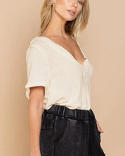 Half Sleeve V-neck Waffle Knit Top - CREAM / L