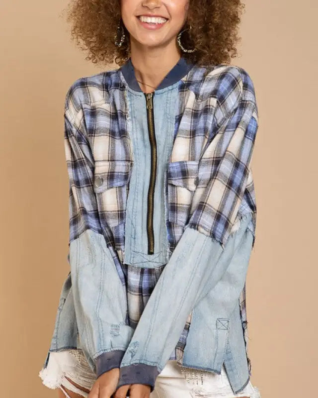 Half-Zip Pullover with Plaid Detail - BLUE MULTI / S