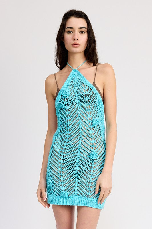 HALTER NECK CROCHET DRESS WITH FLOWER DETAIL - AQUA / S