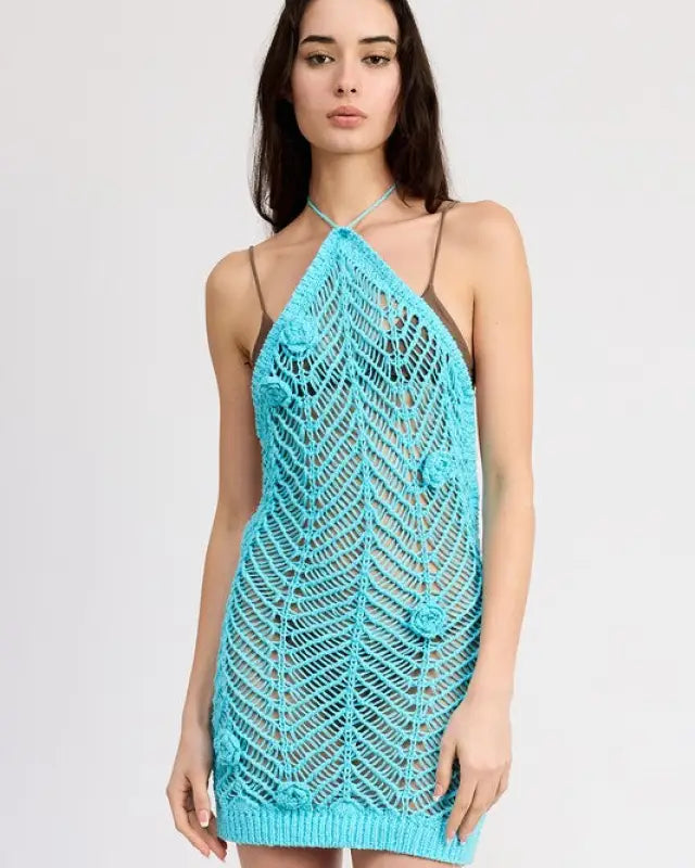 HALTER NECK CROCHET DRESS WITH FLOWER DETAIL - AQUA / S