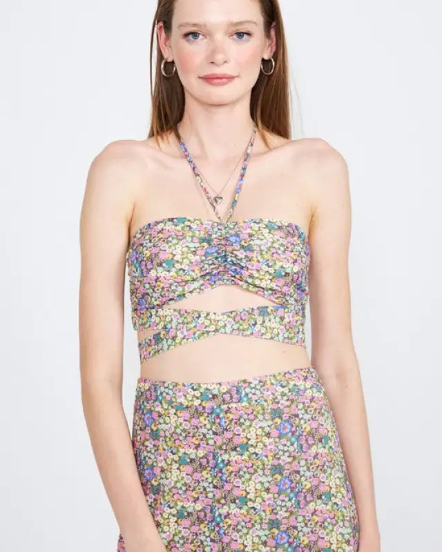 Halter Neck Floral Crop Top With Back Smocking