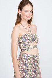 Halter Neck Floral Crop Top With Back Smocking