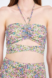 Halter Neck Floral Crop Top With Back Smocking