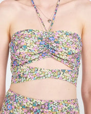 Halter Neck Floral Crop Top With Back Smocking