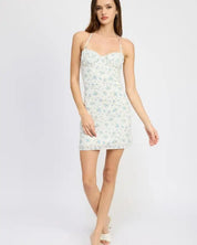 HALTER NECK MINI DRESSW WITH BUST RUCHING DETAIL - BLUE FLORAL / S