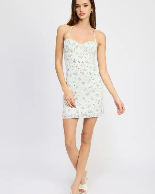 HALTER NECK MINI DRESSW WITH BUST RUCHING DETAIL - BLUE FLORAL / S