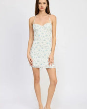 HALTER NECK MINI DRESSW WITH BUST RUCHING DETAIL