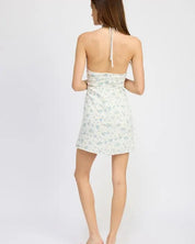 HALTER NECK MINI DRESSW WITH BUST RUCHING DETAIL