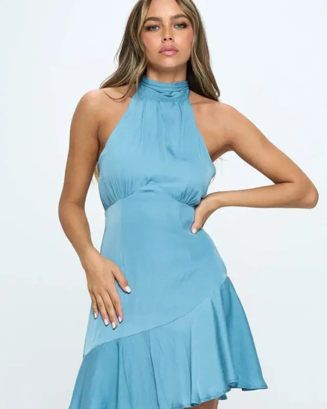 Halter Neck Satin Mini Dress - BLUE / XS