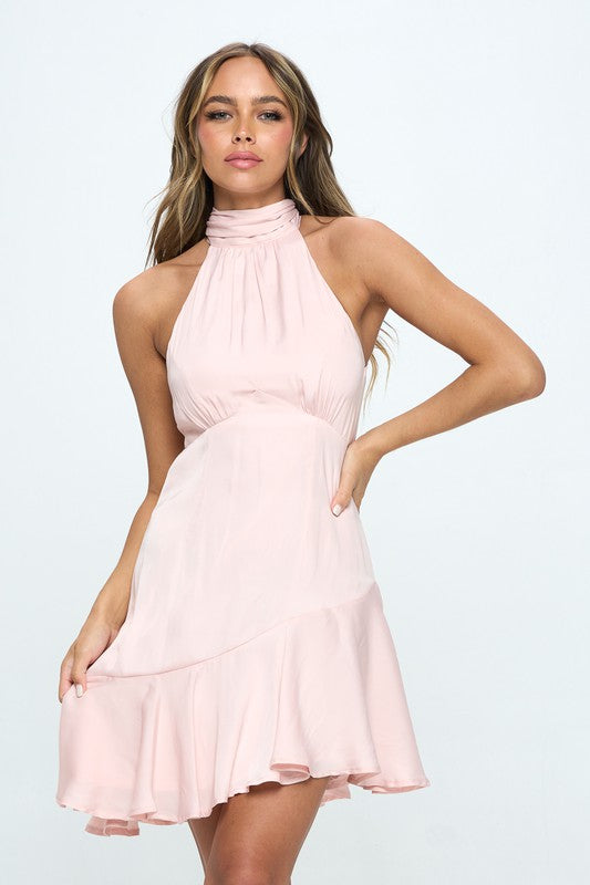 Halter Neck Satin Mini Dress - NUDE / XS