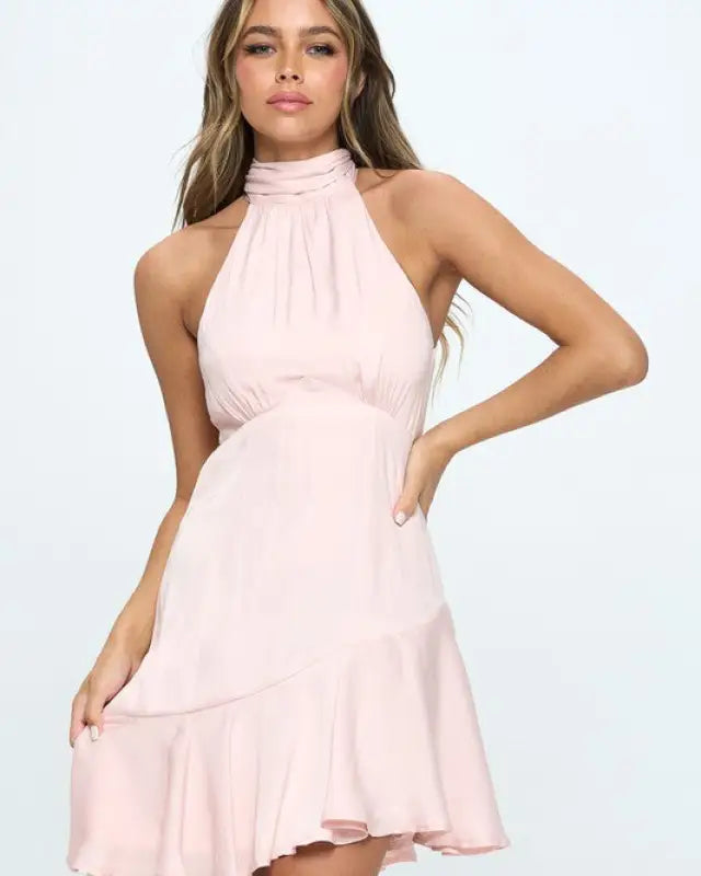 Halter Neck Satin Mini Dress - NUDE / XS