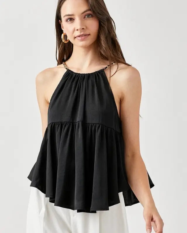 Halter Neck with Back Strap Flared Top - Black / S