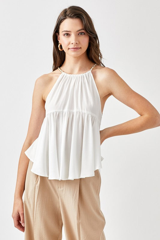 Halter Neck with Back Strap Flared Top - White / S