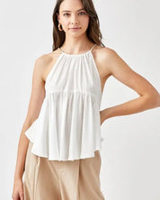 Halter Neck with Back Strap Flared Top - White / S