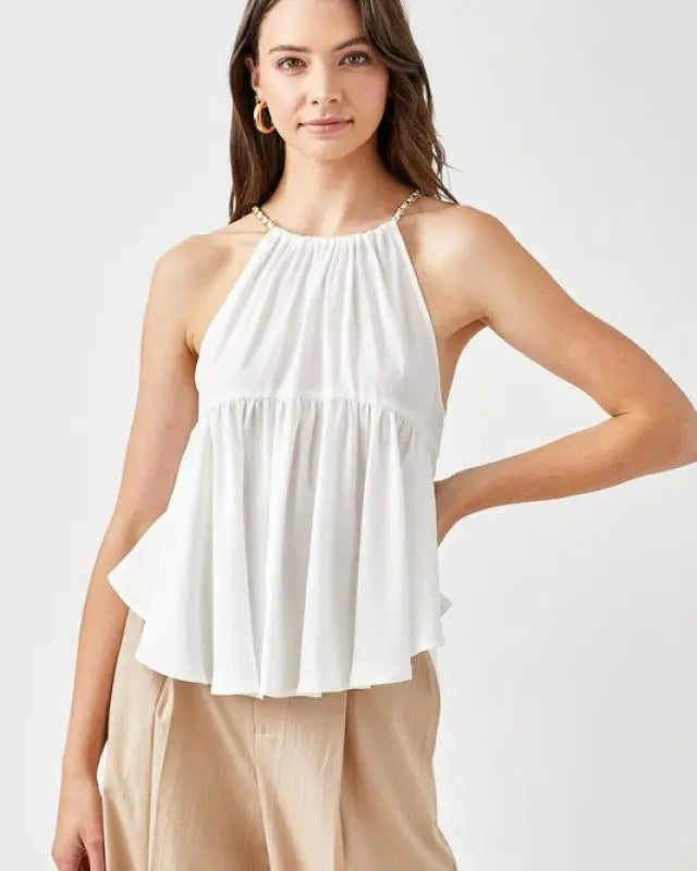 Halter Neck with Back Strap Flared Top - White / S