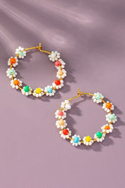 Hand Done Mini Seed Bead Flower Hoop Earrings