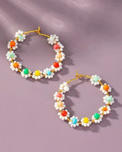 Hand Done Mini Seed Bead Flower Hoop Earrings