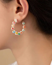 Hand Done Mini Seed Bead Flower Hoop Earrings