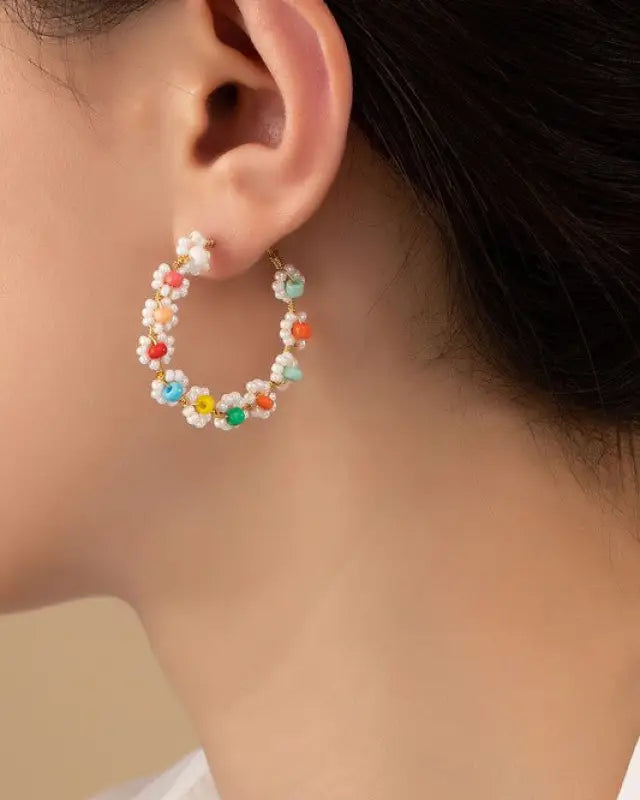 Hand Done Mini Seed Bead Flower Hoop Earrings