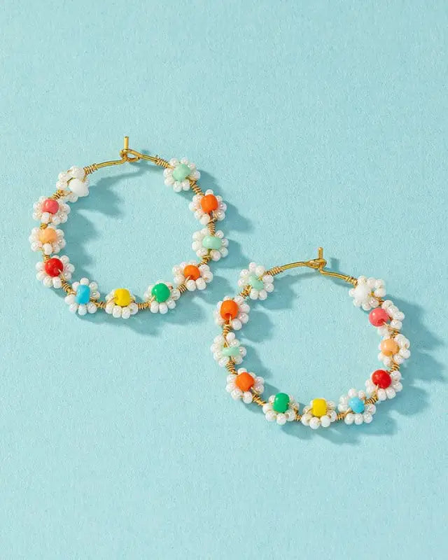 Hand Done Mini Seed Bead Flower Hoop Earrings