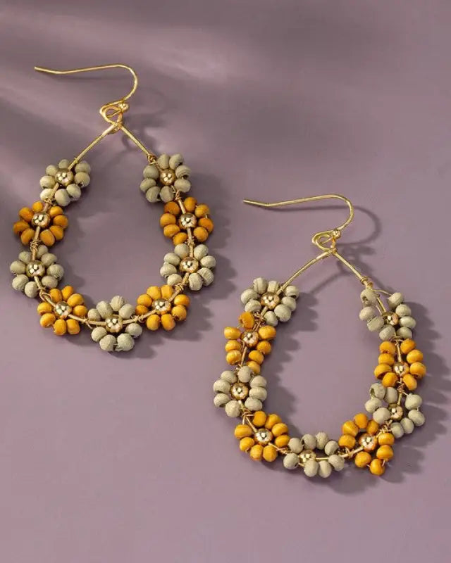 Hand Done Multi Wood Beaded Flower Hoop Earrings