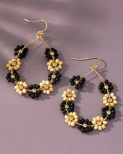 Hand Done Multi Wood Beaded Flower Hoop Earrings