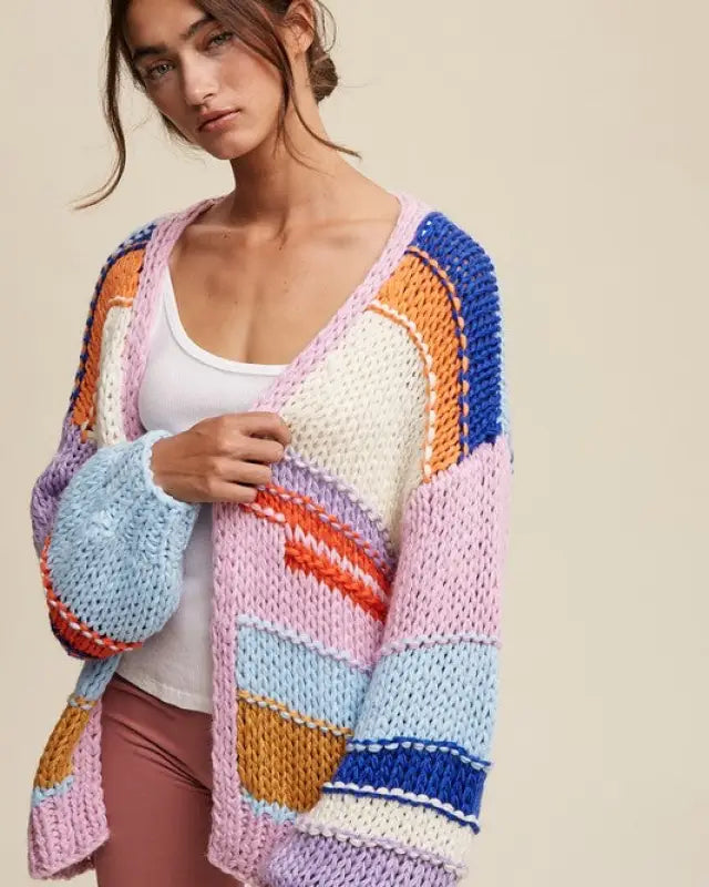 Hand Knit Multi Striped Cardigan - Lavender Multi / S