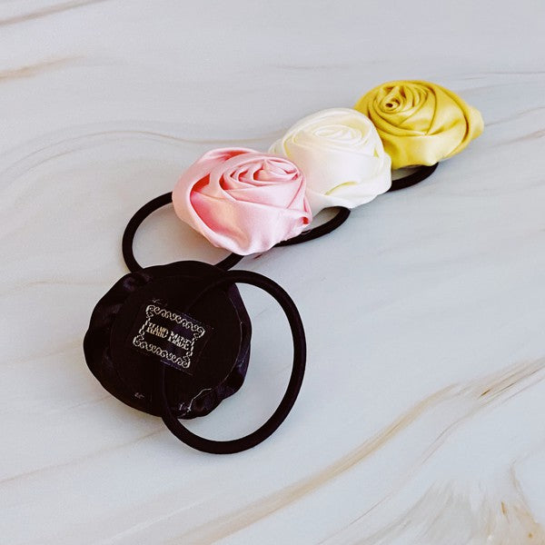 Hand Picked Satin Rose Hair Tie Set Of 4